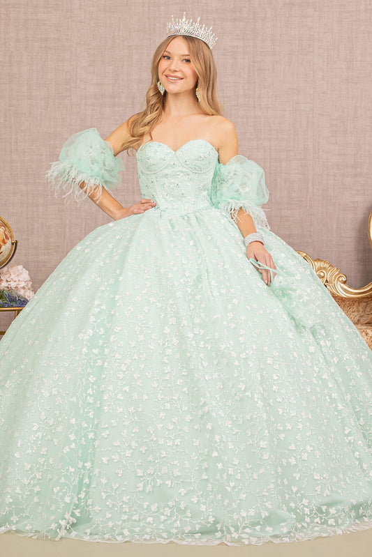Jewel Strapless w/ Detachable Short Puff Sleeves Quinceanera Dress GLGL3176-0