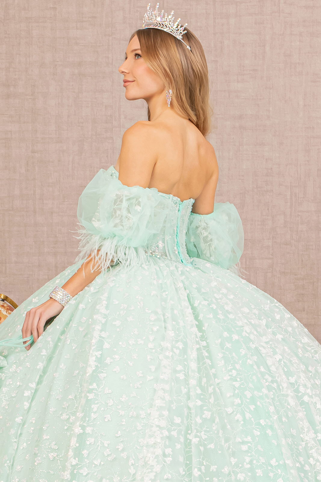 Jewel Strapless w/ Detachable Short Puff Sleeves Quinceanera Dress GLGL3176-4