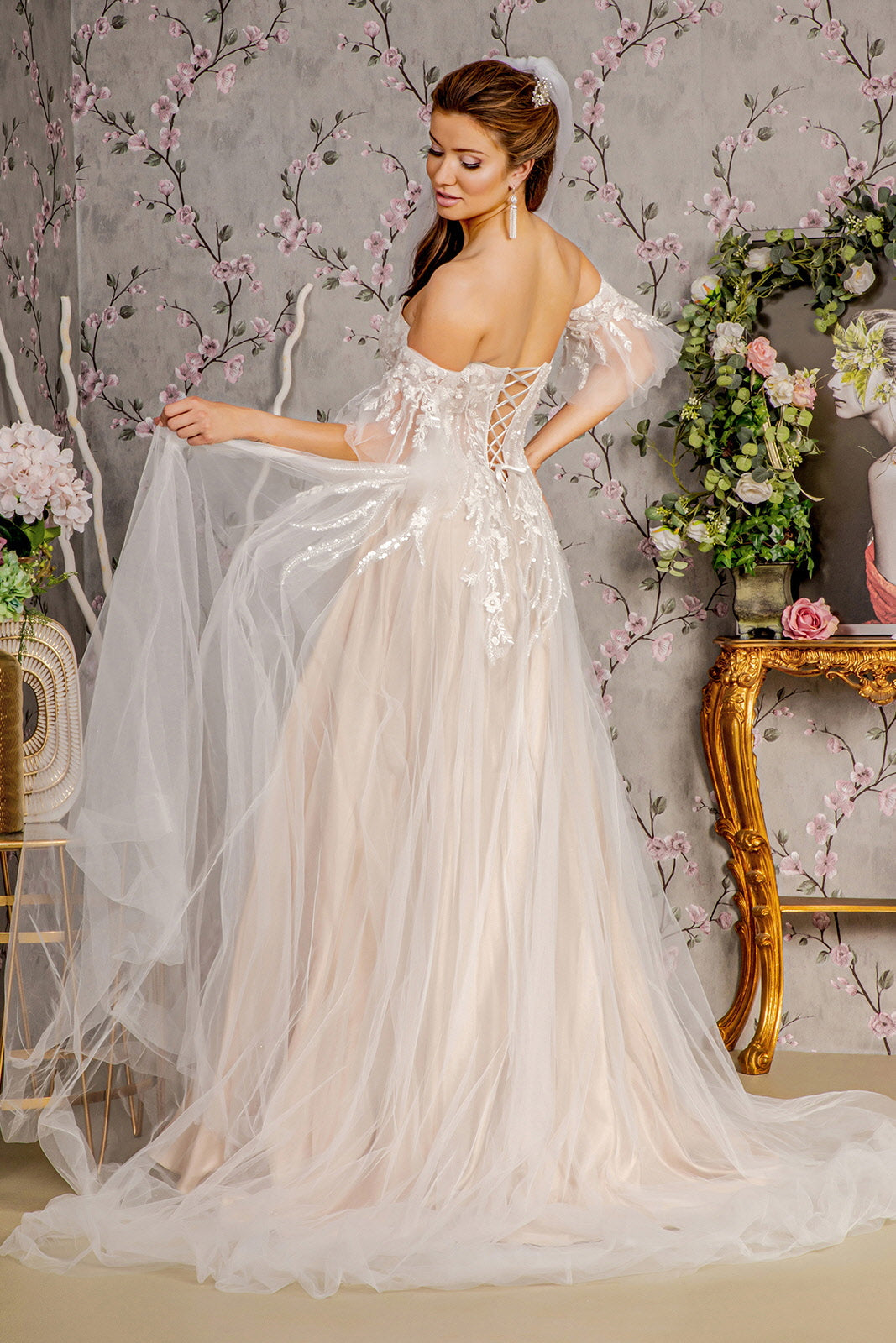 Sheer Bodice Mesh A-line w/ Detachable Short Sleeves Long Wedding Dress GLGL3427