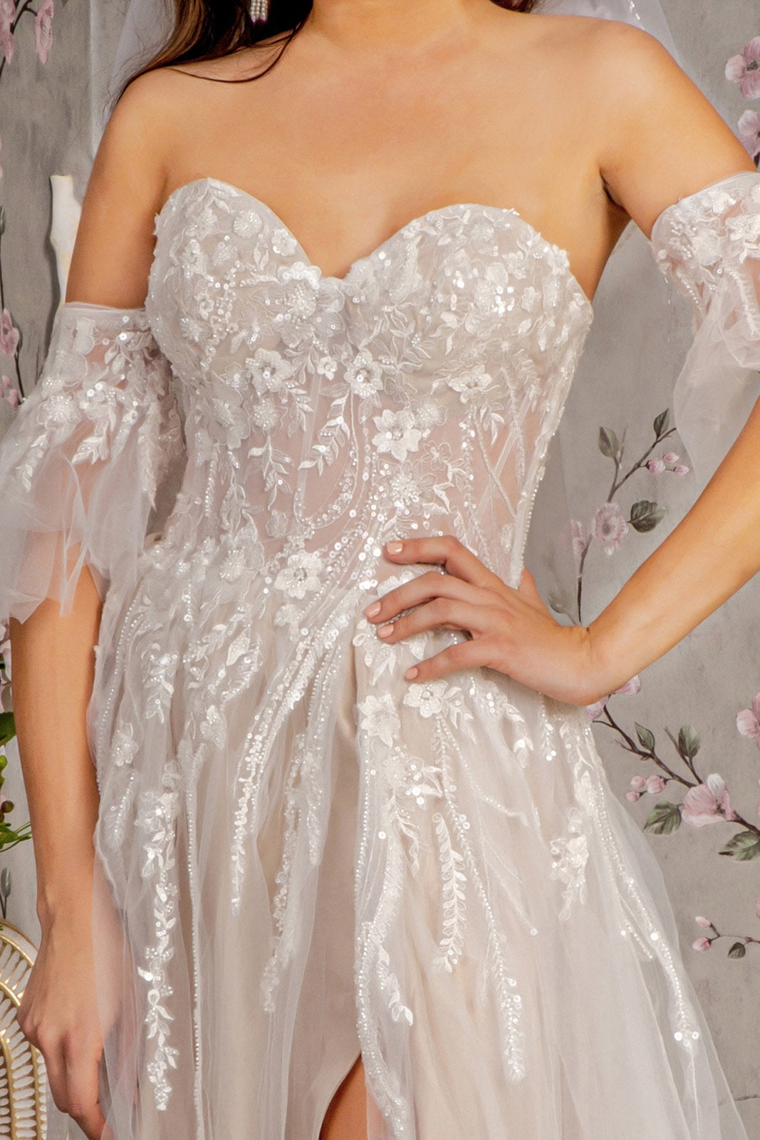 Sheer Bodice Mesh A-line w/ Detachable Short Sleeves Long Wedding Dress GLGL3427