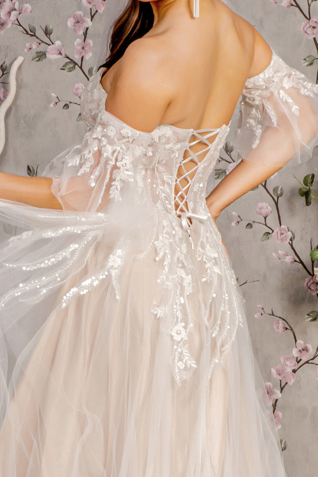 Sheer Bodice Mesh A-line w/ Detachable Short Sleeves Long Wedding Dress GLGL3427