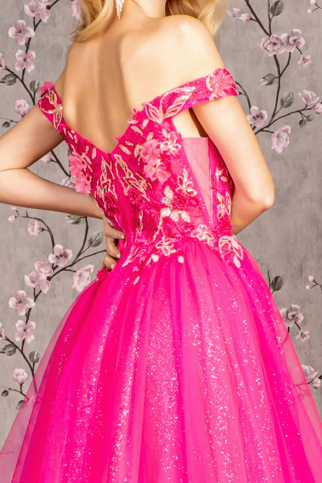 3D Flower Emboridery Sheer Bodice Mesh A-line Long Prom Dress GLGL3443
