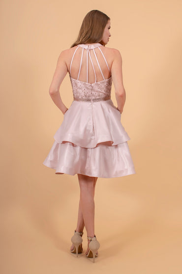 Sequin and Rhinestone Bodice Satin /w Side Pockets Short Homecoming Dress GLGS1603-1