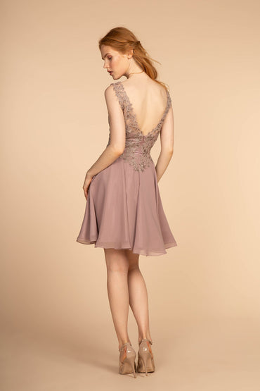 Embroidered Applique Bodice V-Neck Chiffon Short Homecoming Dress GLGS1622-1