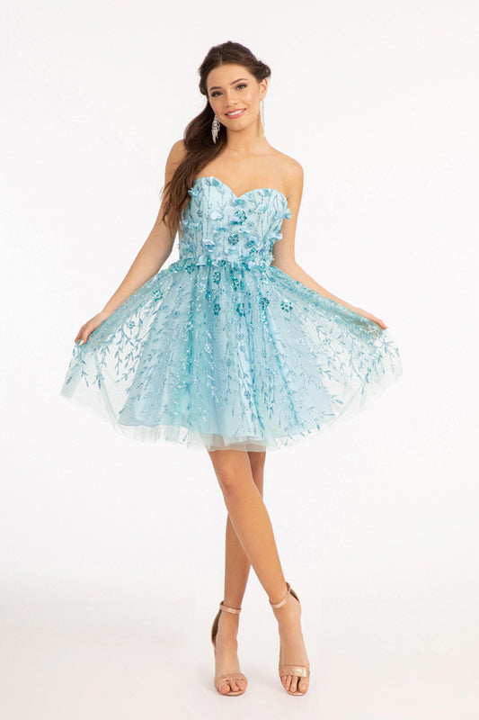 3D Floral Applique Embellished Glitter Mesh Sweetheart Short Homecoming Dress GLGS1995-0
