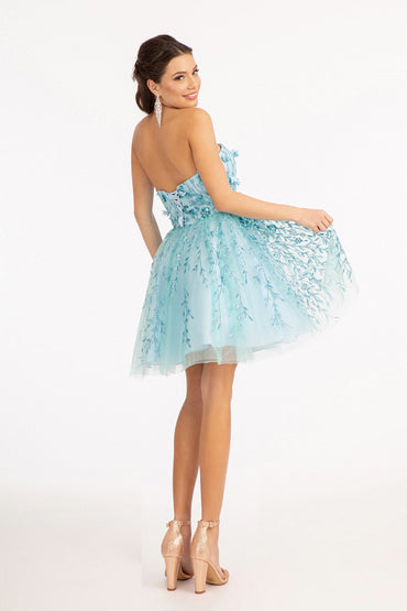 3D Floral Applique Embellished Glitter Mesh Sweetheart Short Homecoming Dress GLGS1995-1