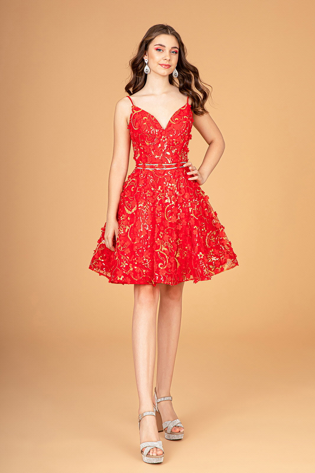 Mock Two-Piece Babydoll w/ 3D Flower Appliques Short Homecoming Dress GLGS3091-5