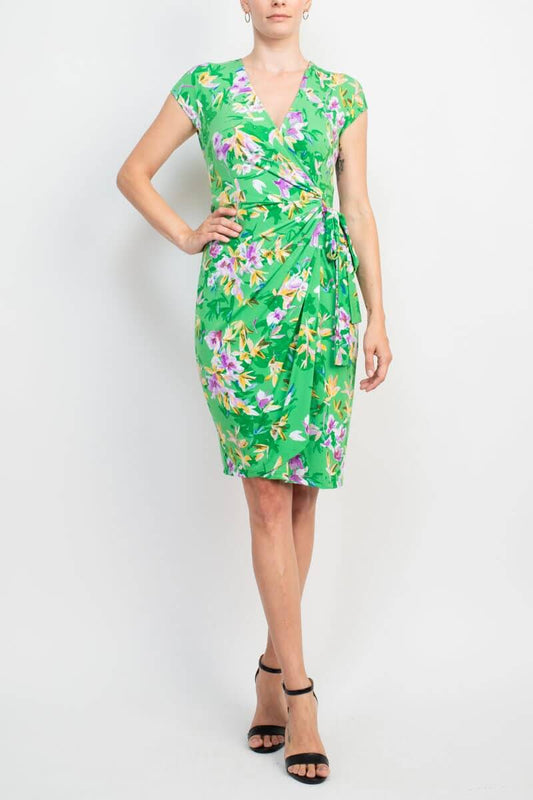 Maggy London V-Neck Sleeveless Tie Waist Gathered Side Floral Print Jersey Dress-0