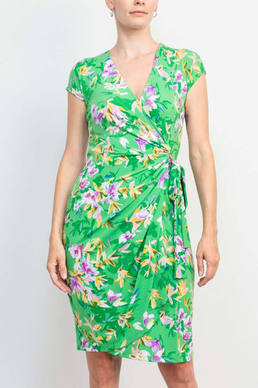 Maggy London V-Neck Sleeveless Tie Waist Gathered Side Floral Print Jersey Dress-1