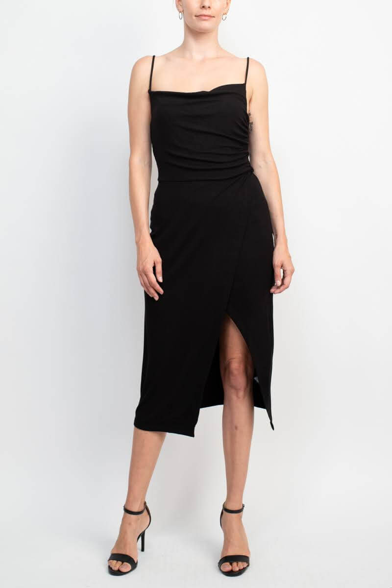 Laundry Spaghetti Strap Adjustable Strap Cowl Neck Slit Side Zipper Back Solid Knit Dress