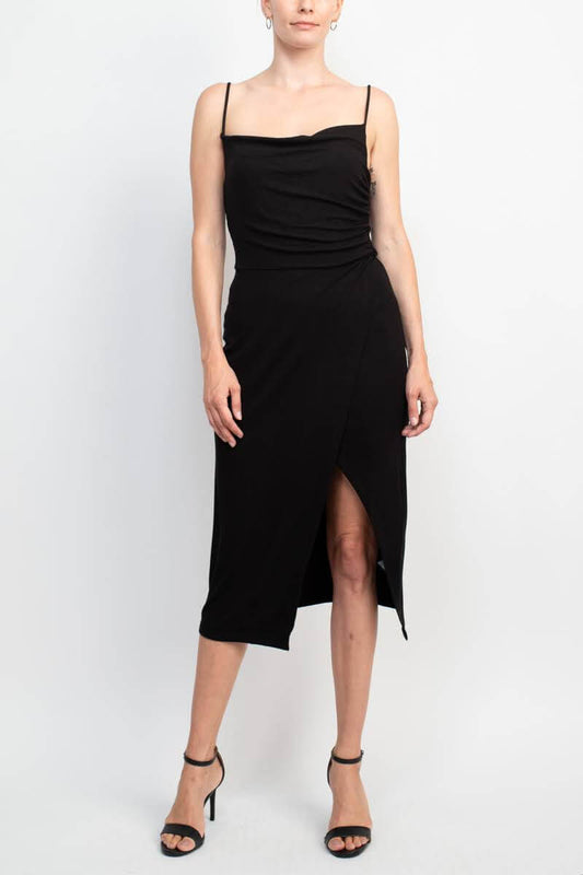 Laundry Spaghetti Strap Adjustable Strap Cowl Neck Slit Side Zipper Back Solid Knit Dress