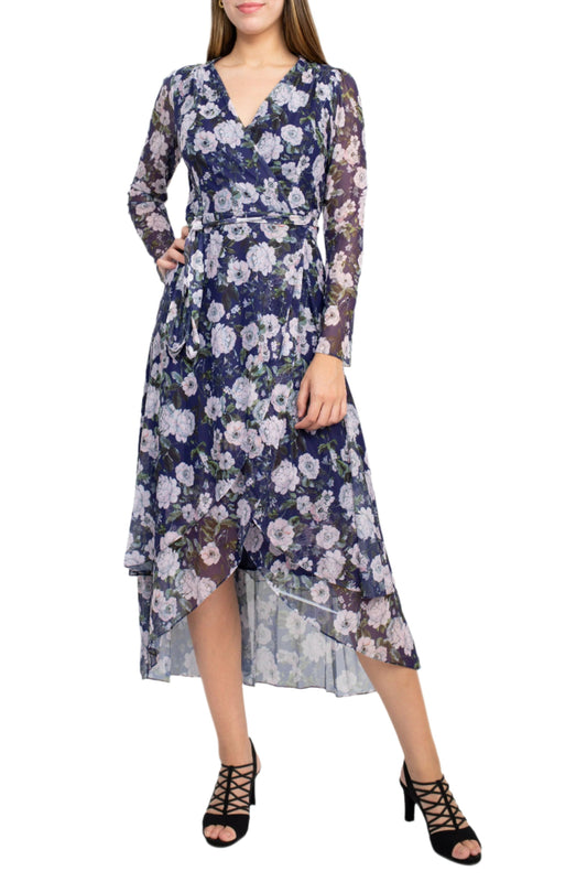Laundry V-Neck Long Sleeve Tie Waist Floral Print Tiered Power Mesh Dress-0