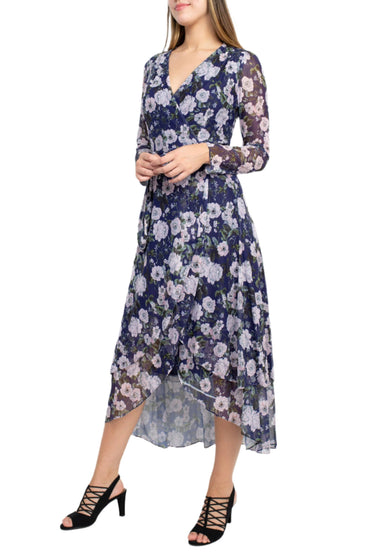 Laundry V-Neck Long Sleeve Tie Waist Floral Print Tiered Power Mesh Dress-1