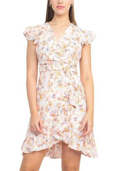 Laundry V-Neck Flutter Sleeve Tie Waist Ruffled Hem A-Line Zipper Back Twill Dress-1