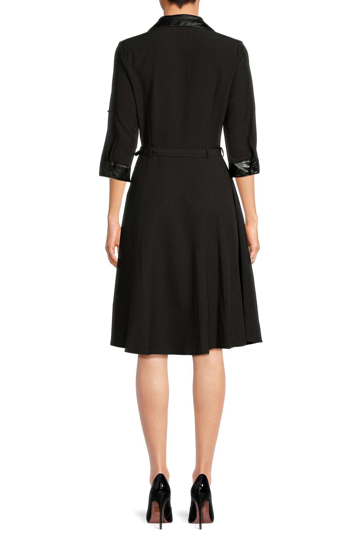 Sharagano pointed collar 3/4 sleeve button closure belted stretch crepe dress with pockets