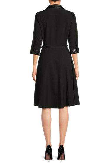 Sharagano pointed collar 3/4 sleeve button closure belted stretch crepe dress with pockets