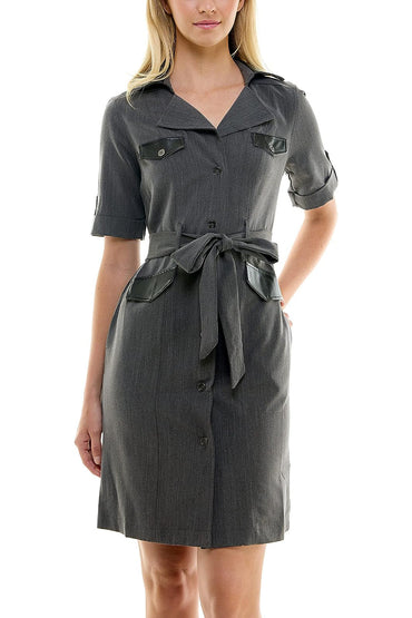 Sharagano notched collar short roll tab sleeve button closure belted matte jersey dress-1