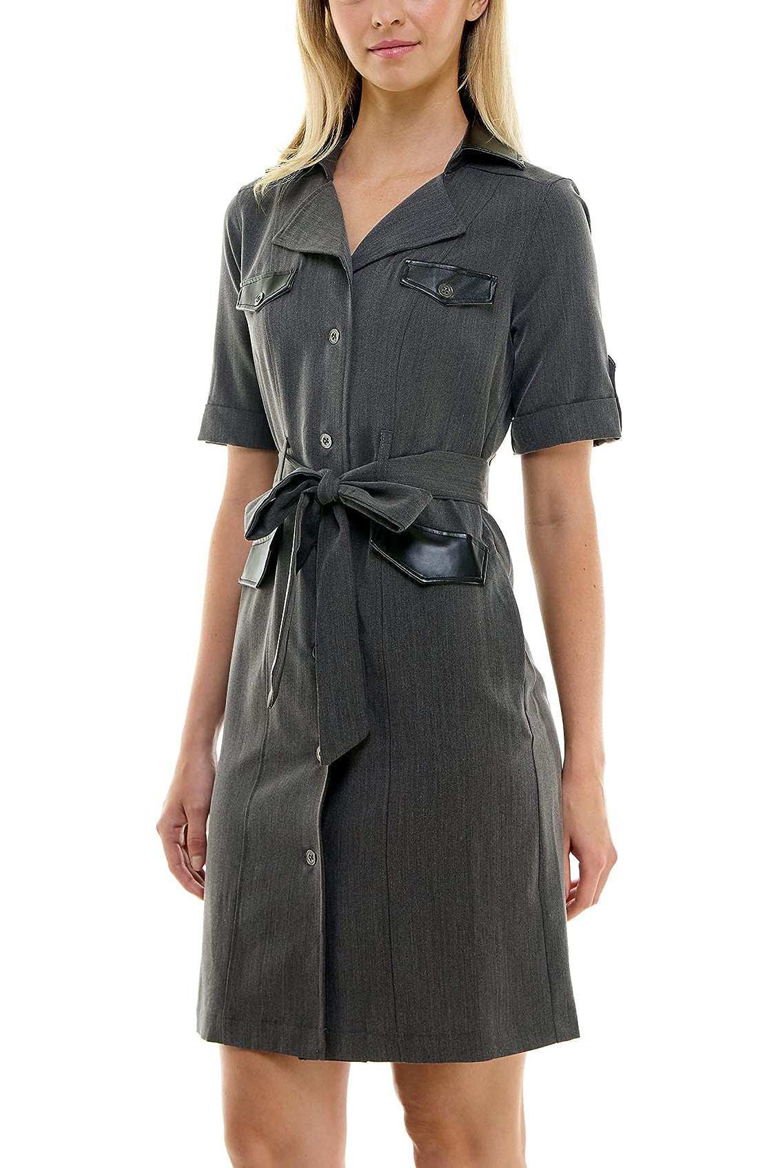 Sharagano notched collar short roll tab sleeve button closure belted matte jersey dress-2