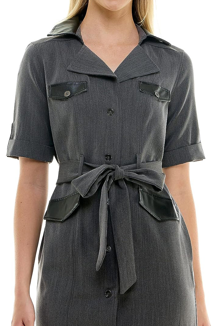 Sharagano notched collar short roll tab sleeve button closure belted matte jersey dress-4