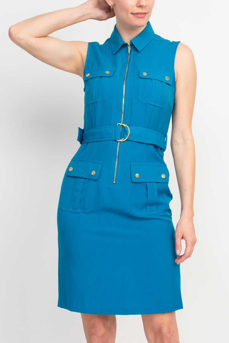 Sharagano Belted Zip Front Dress with Pockets-3