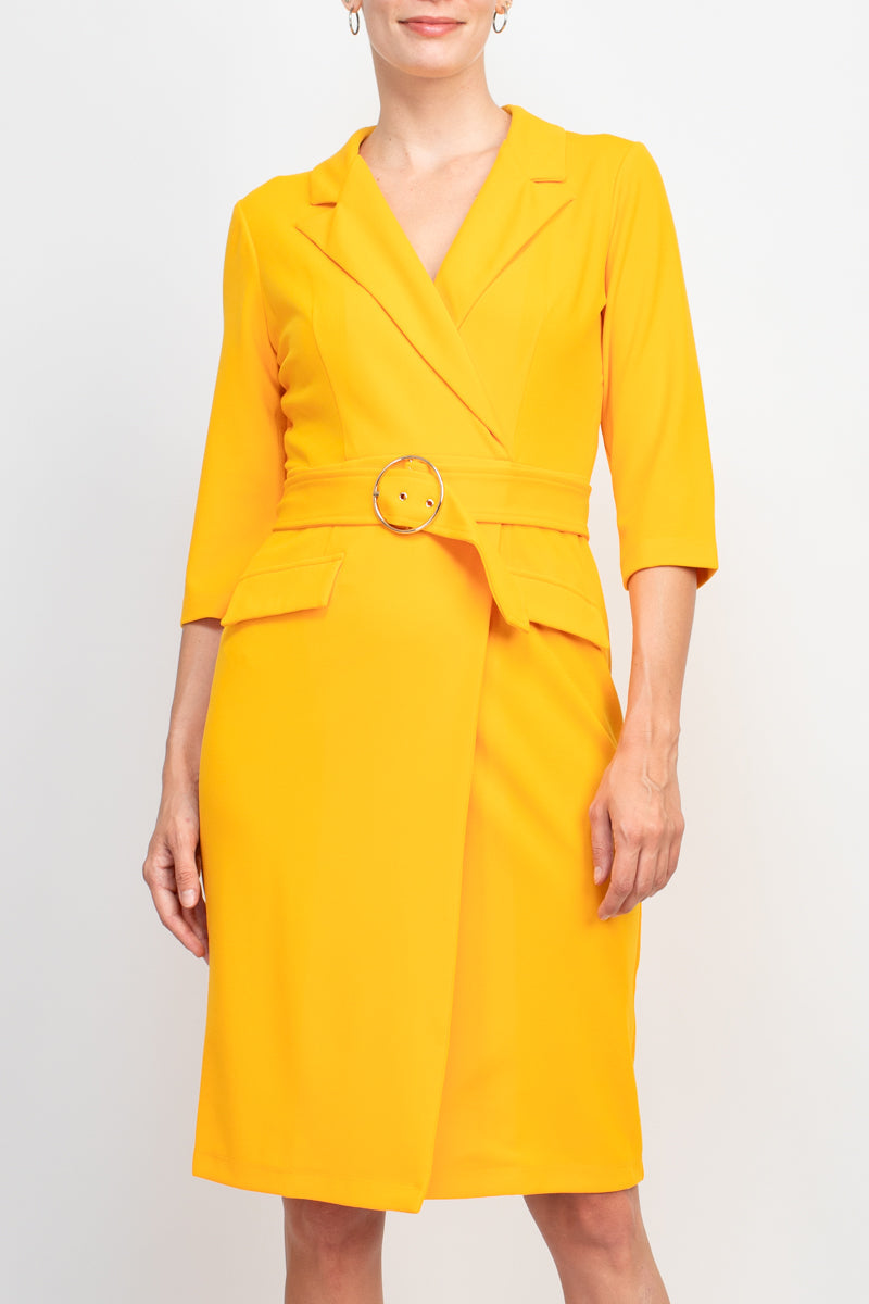 Sharagano notched collar 3/4 sleeve solid belted stretch crepe dress