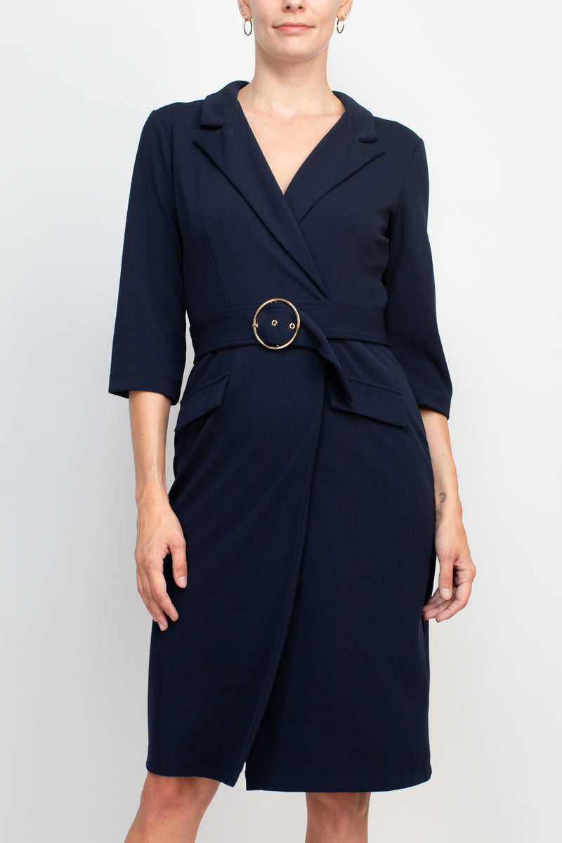 Sharagano notched collar 3/4 sleeve solid belted stretch crepe dress