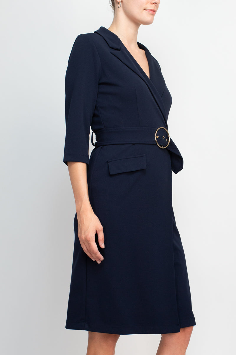 Sharagano notched collar 3/4 sleeve solid belted stretch crepe dress