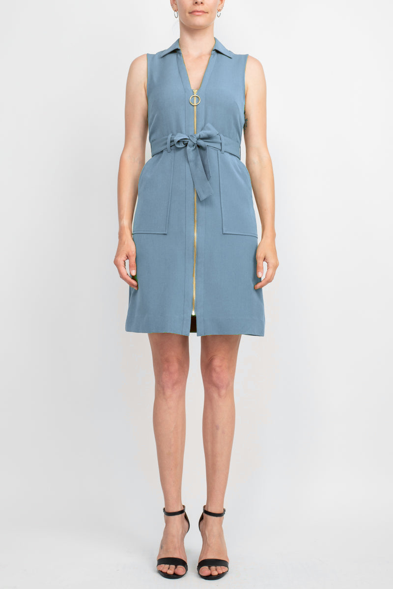 Sharagano Collared Sleeveless Zipper Front Tie Waist Solid Rayon Dress