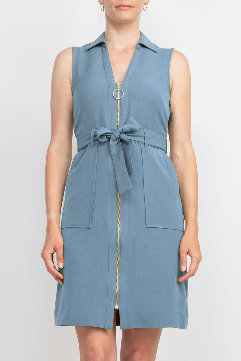 Sharagano Collared Sleeveless Zipper Front Tie Waist Solid Rayon Dress
