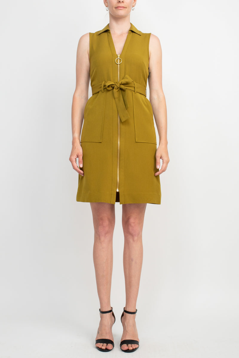 Sharagano Collared Sleeveless Zipper Front Tie Waist Solid Rayon Dress