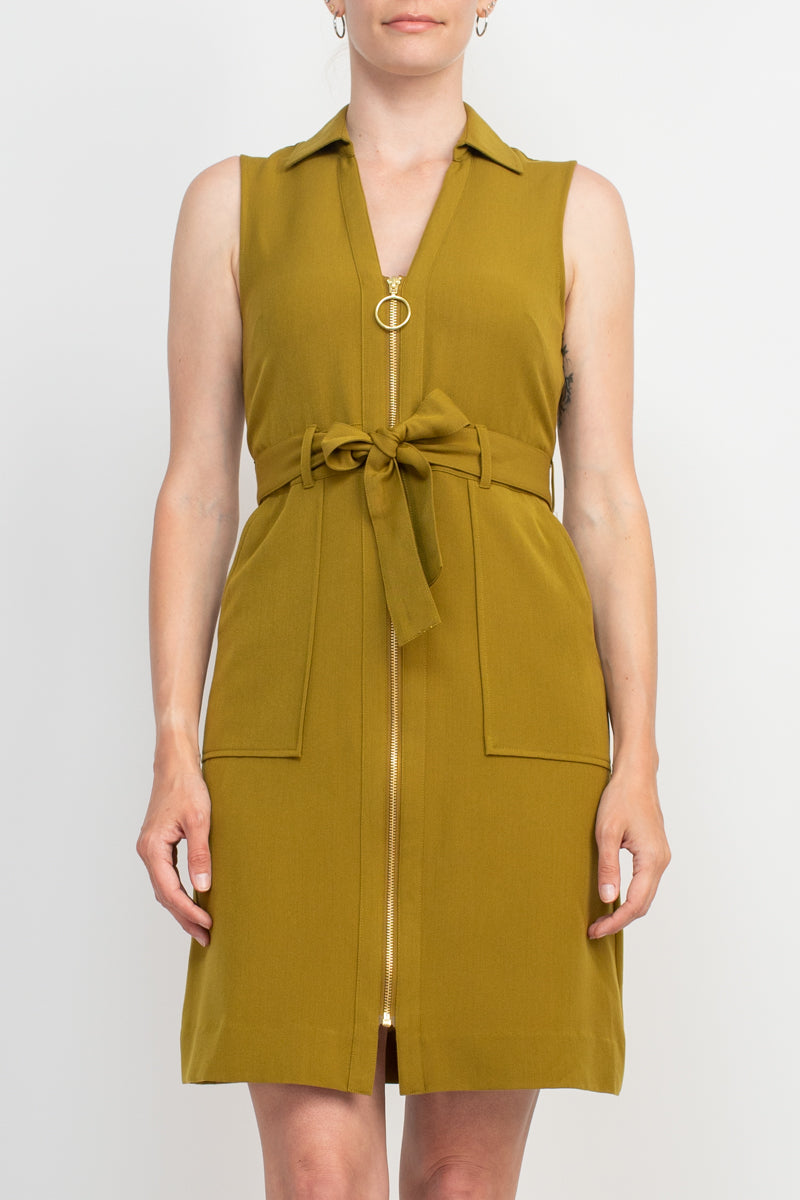 Sharagano Collared Sleeveless Zipper Front Tie Waist Solid Rayon Dress