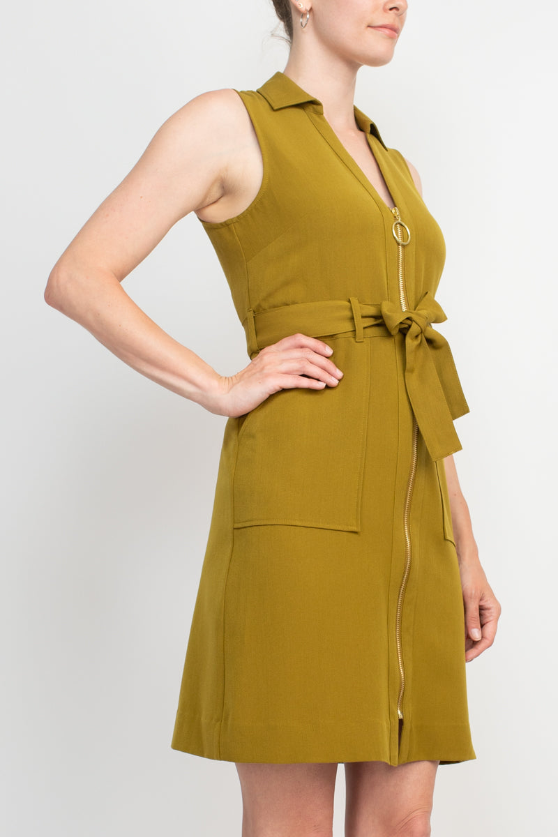 Sharagano Collared Sleeveless Zipper Front Tie Waist Solid Rayon Dress