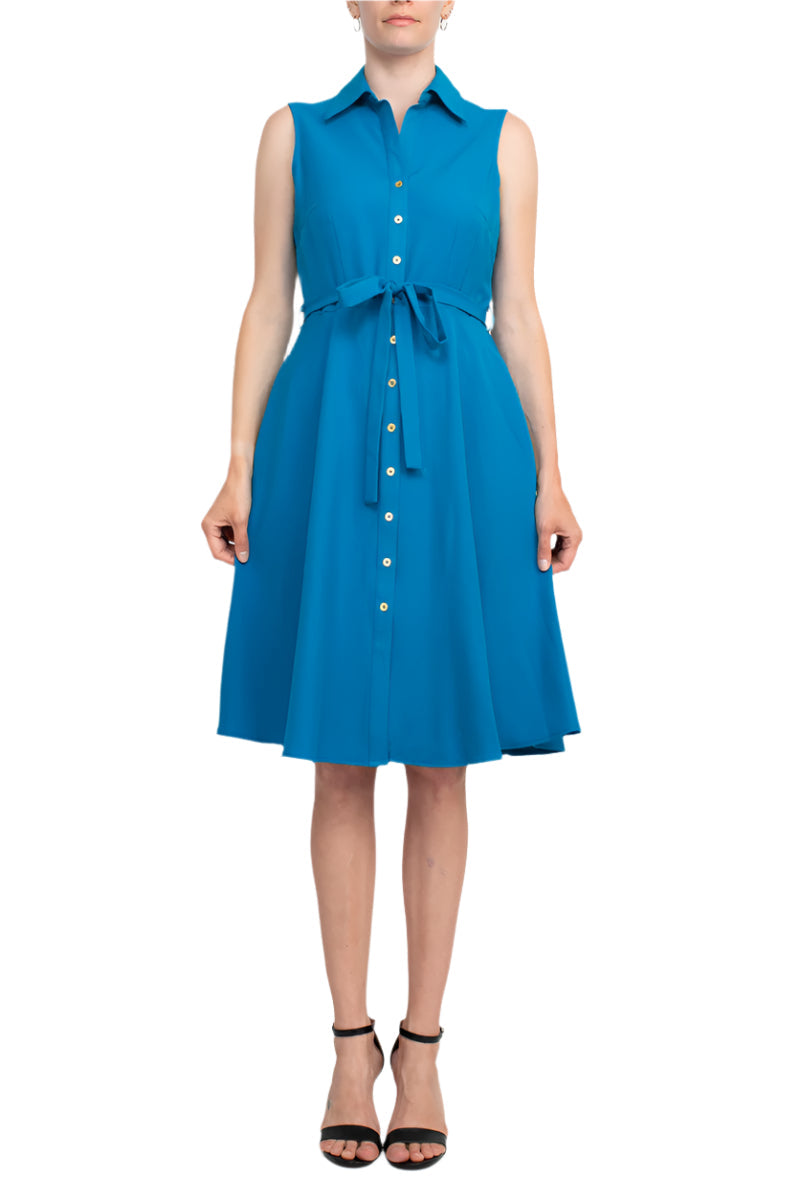 Sharagano Collared Sleeveless Tie Waist Solid A-Line Rayon Dress-1