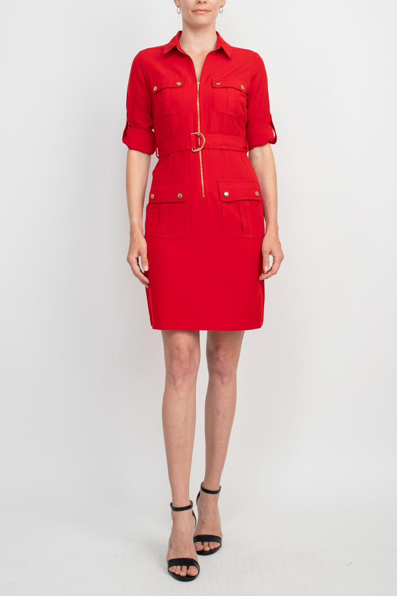 Sharagano Collared Short Sleeve Zipper Front Belted Solid Rayon Dress