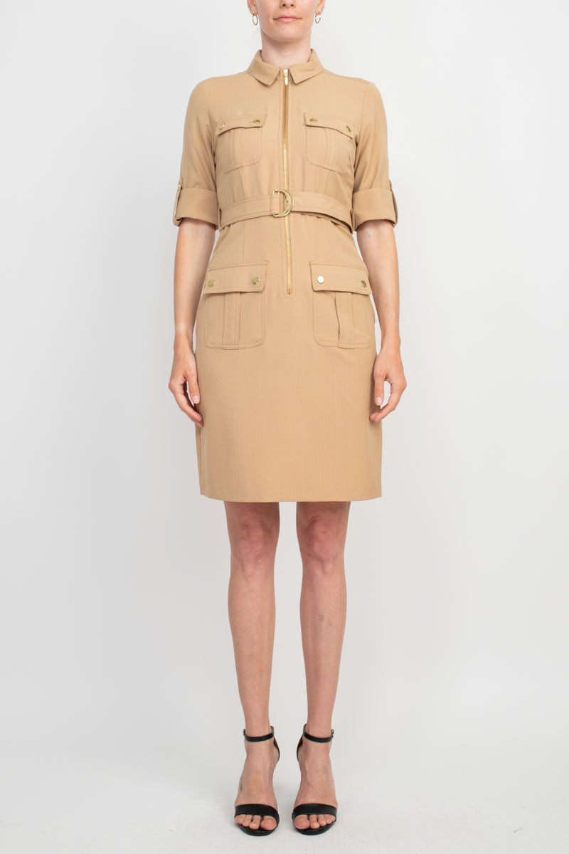 Sharagano Collared Short Sleeve Zipper Front Belted Solid Rayon Dress