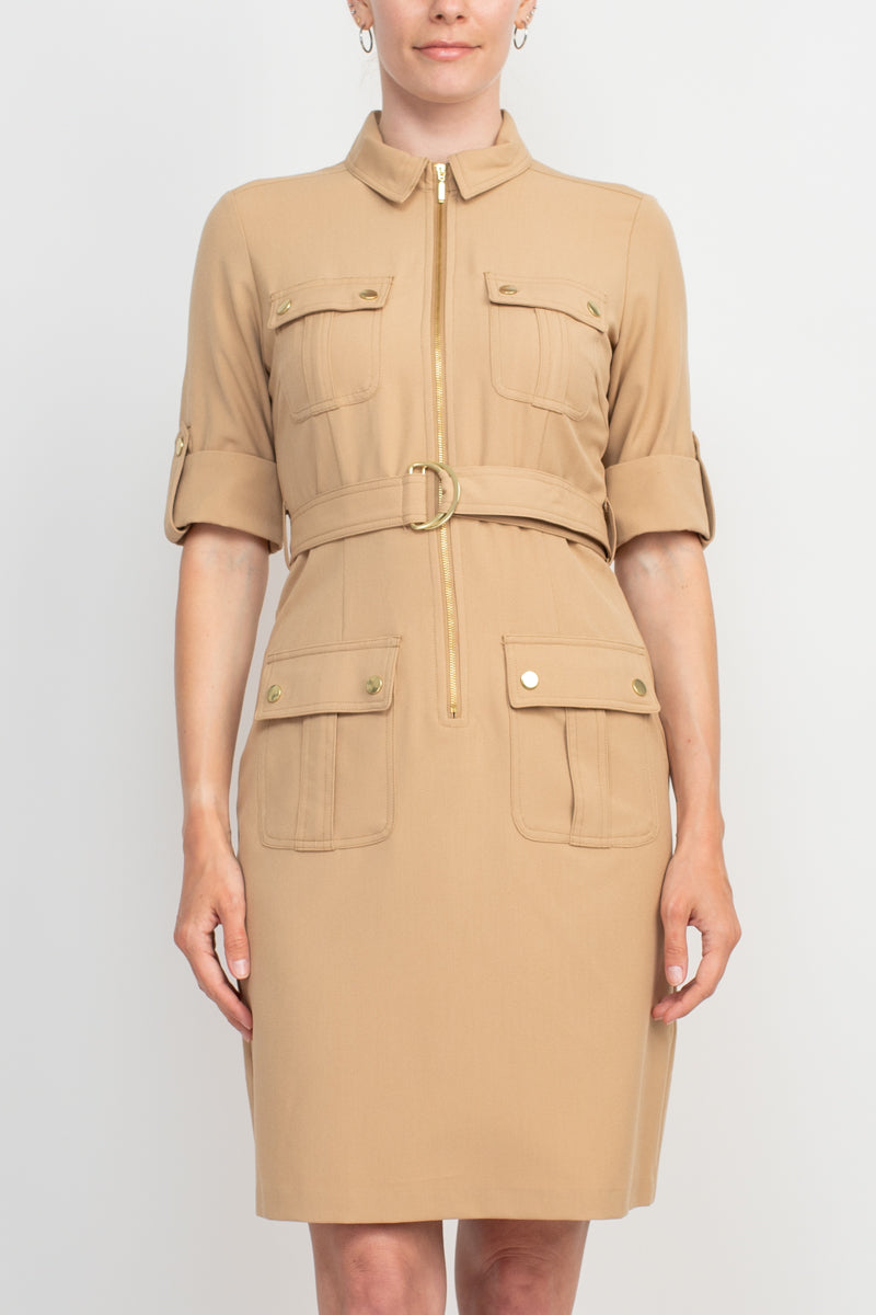 Sharagano Collared Short Sleeve Zipper Front Belted Solid Rayon Dress
