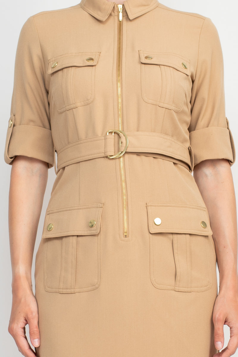 Sharagano Collared Short Sleeve Zipper Front Belted Solid Rayon Dress