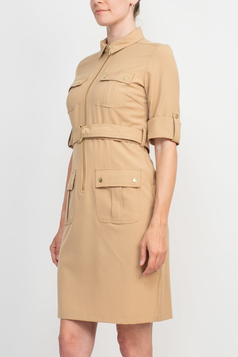 Sharagano Collared Short Sleeve Zipper Front Belted Solid Rayon Dress