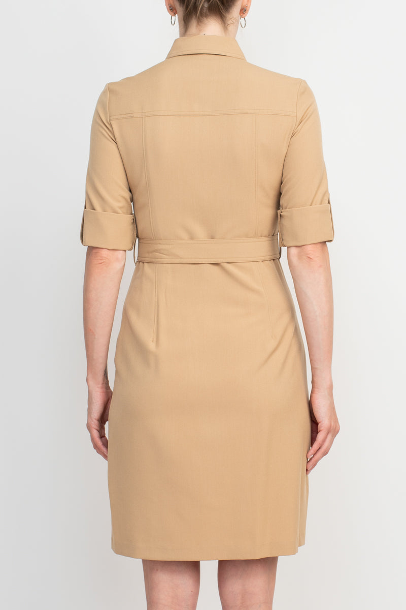 Sharagano Collared Short Sleeve Zipper Front Belted Solid Rayon Dress