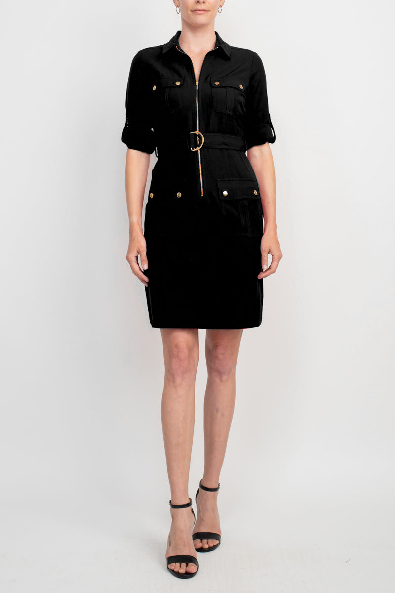 Sharagano Collared Short Sleeve Zipper Front Belted Solid Rayon Dress