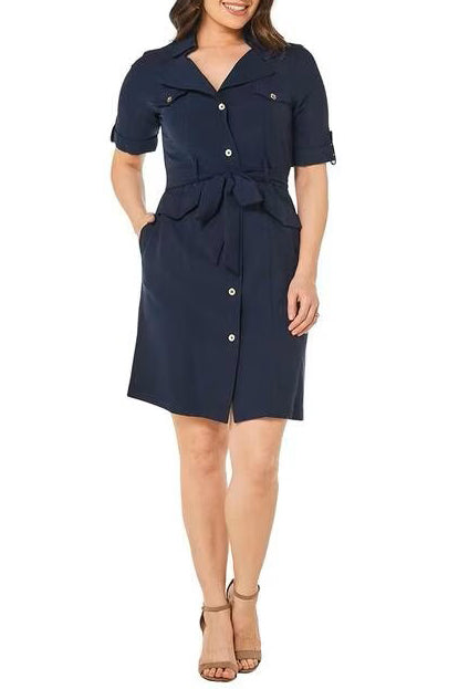 Sharagano Collared Chuffed Sleeve Button Down Belt Hoop Tie Waist Rayon Dress-0
