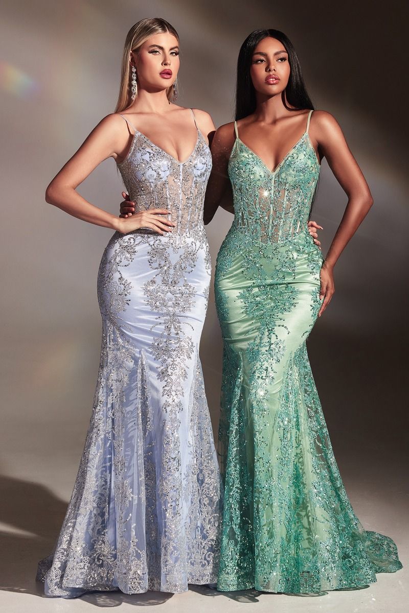 Luxury V-neck Gown with Sheer Corset & Floral Glitter Print CDJ810-8