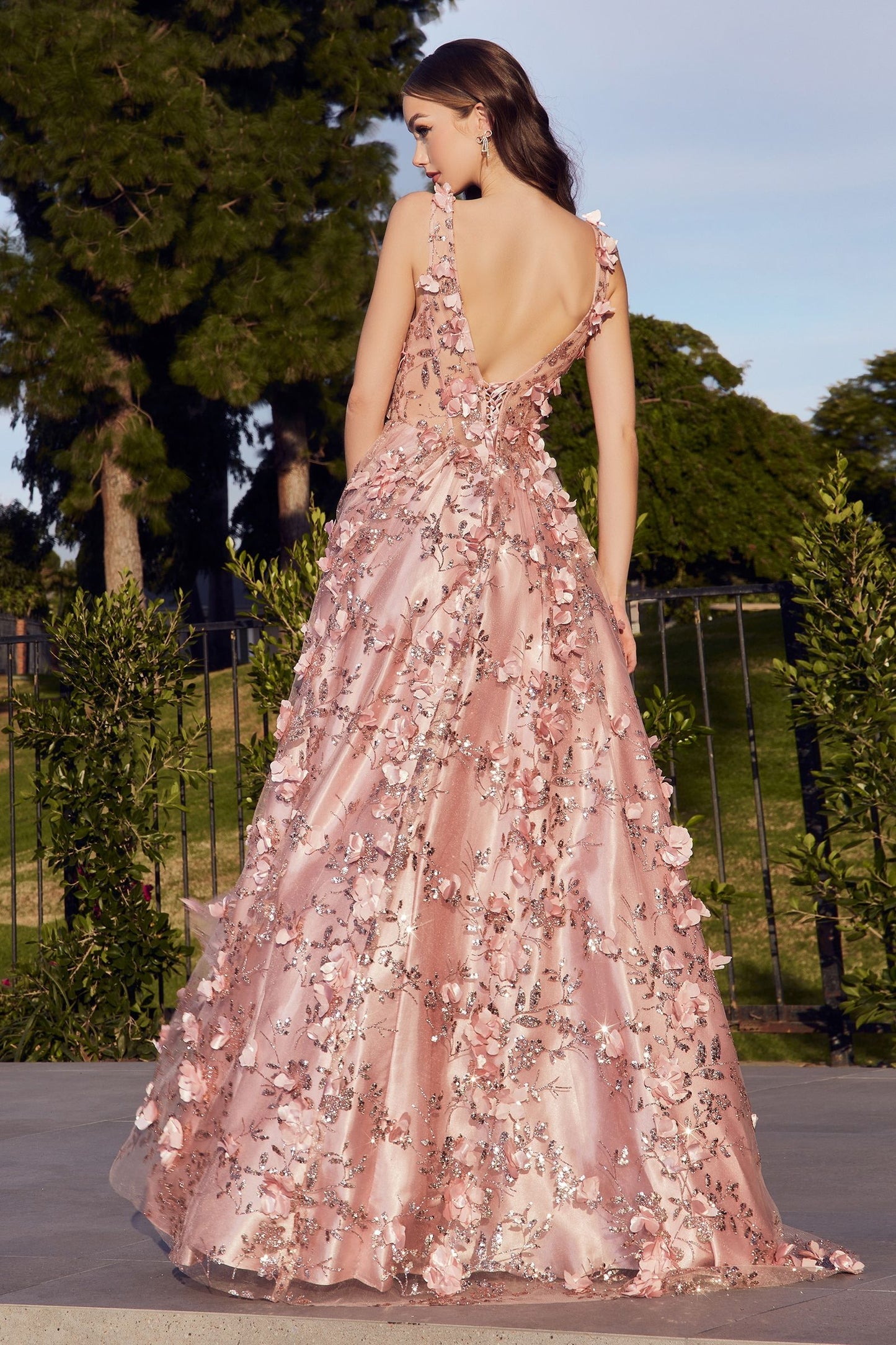 Glitter Floral Full Legth A-line Dress V-neck Backless Long Prom & Ball Dress CDJ838