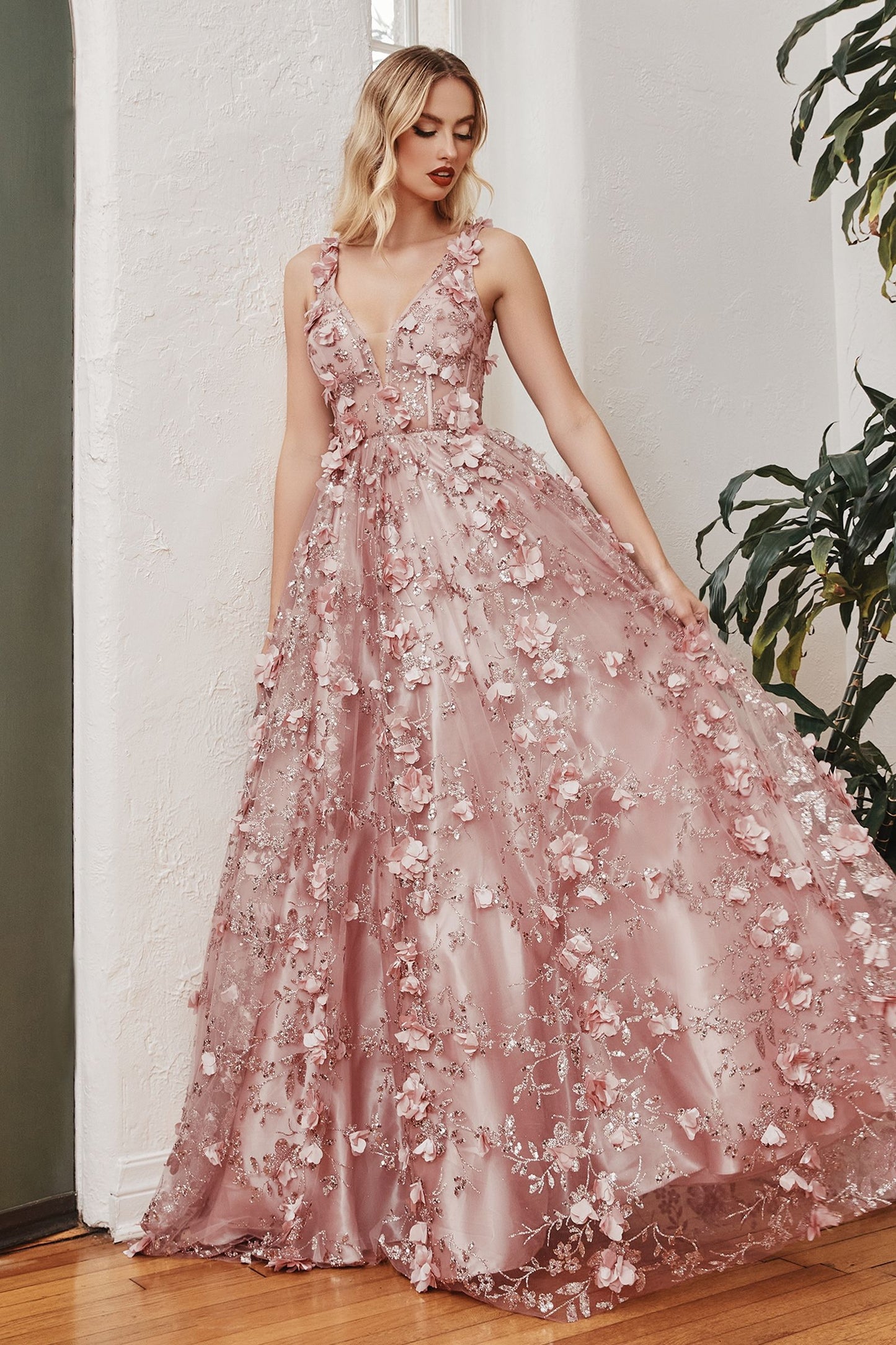 Glitter Floral Full Legth A-line Dress V-neck Backless Long Prom & Ball Dress CDJ838