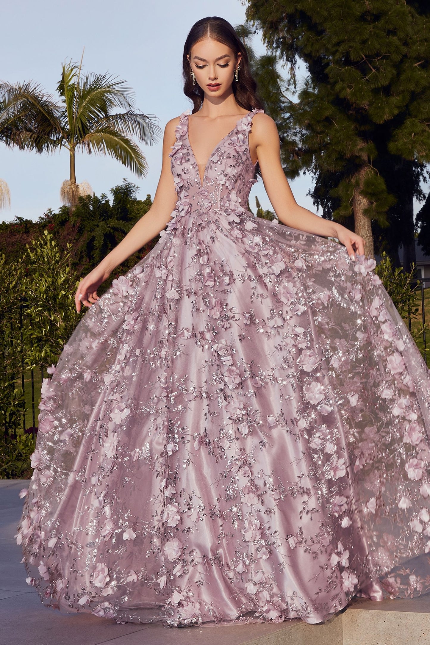 Glitter Floral Full Legth A-line Dress V-neck Backless Long Prom & Ball Dress CDJ838