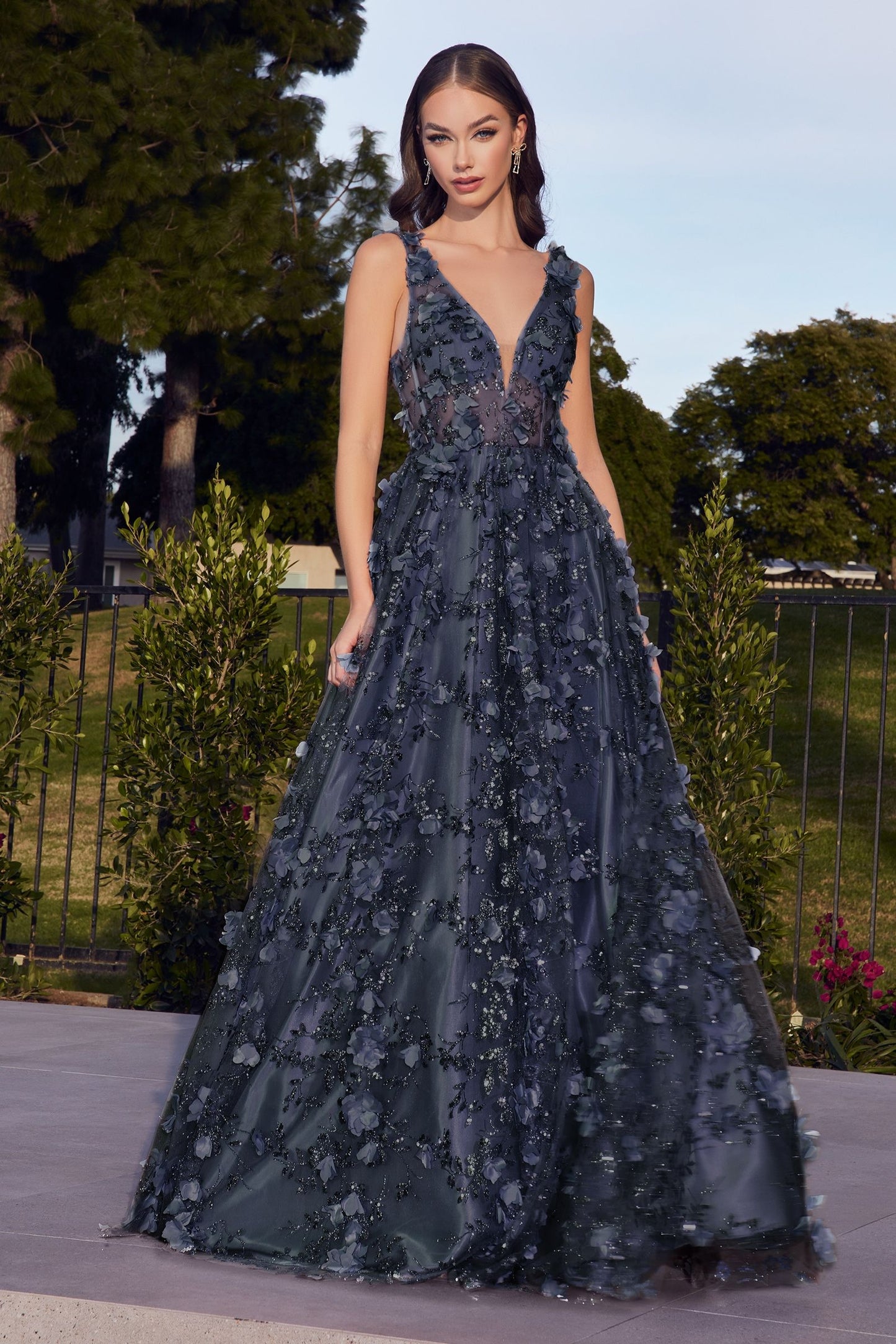 Glitter Floral Full Legth A-line Dress V-neck Backless Long Prom & Ball Dress CDJ838
