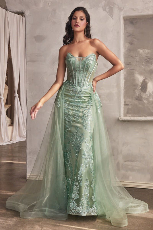 Sage Green, Mauve, Black, Blue | Strapless Embroidered Corset Gown with Tulle Overskirt & Beaded DetailSage Green, Mauve, Black, Blue | Strapless Embroidered Corset Gown with Tulle Overskirt & Beaded Detail CDJ858-0
