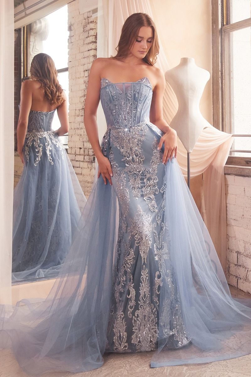 Sage Green, Mauve, Black, Blue | Strapless Embroidered Corset Gown with Tulle Overskirt & Beaded DetailSage Green, Mauve, Black, Blue | Strapless Embroidered Corset Gown with Tulle Overskirt & Beaded Detail CDJ858-4