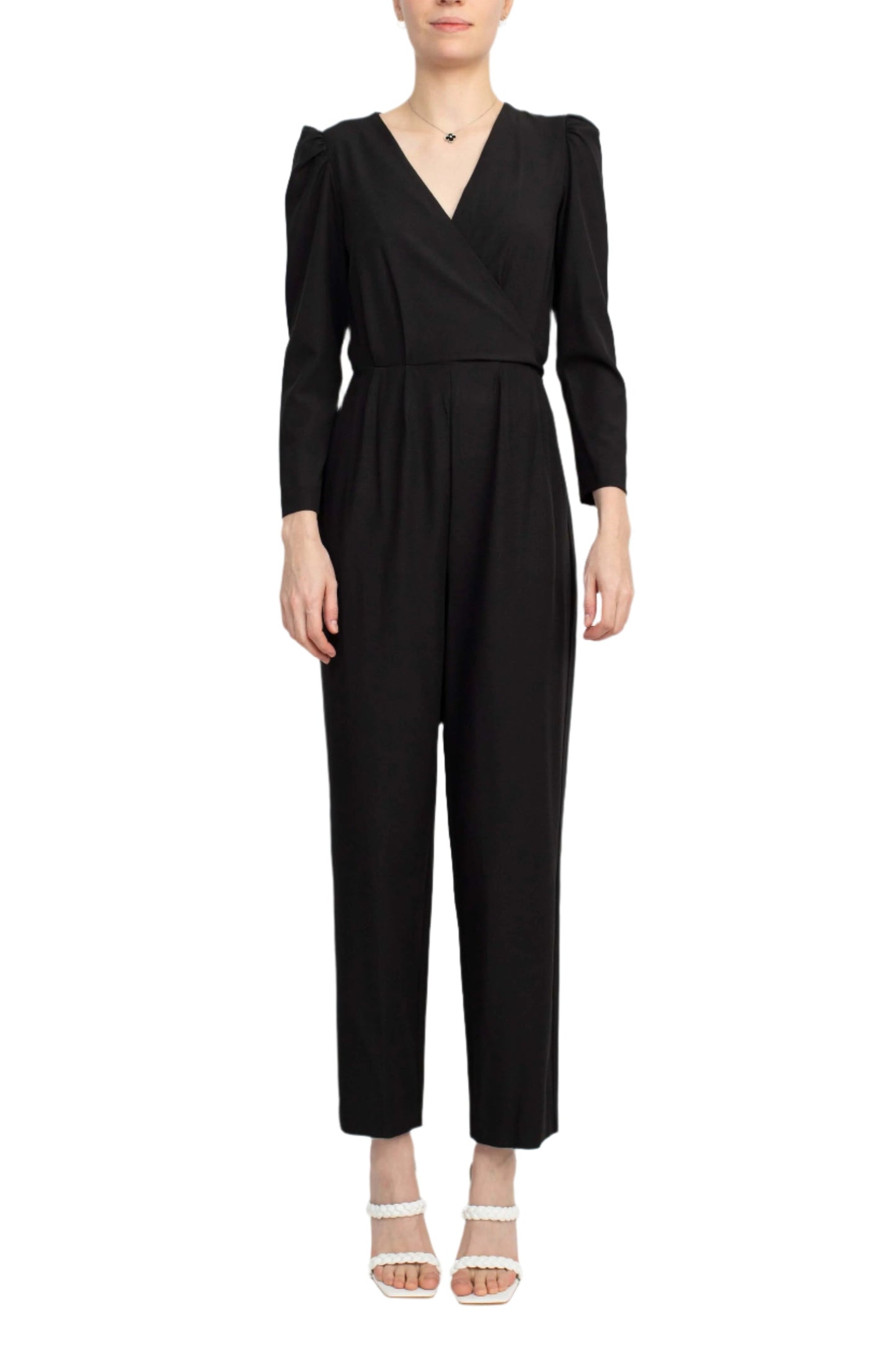 Julia Jordan V-Neck Long Sleeve Tie Back Zipper Back Solid Stretch Crepe Jumpsuit-0