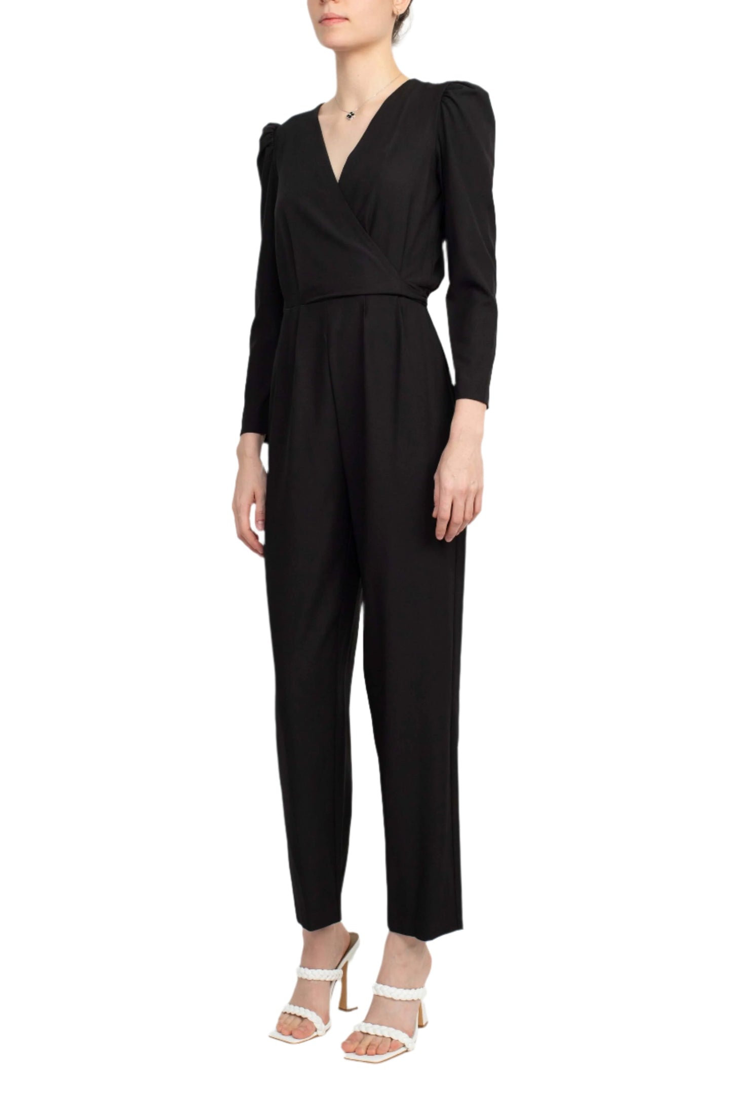 Julia Jordan V-Neck Long Sleeve Tie Back Zipper Back Solid Stretch Crepe Jumpsuit-1
